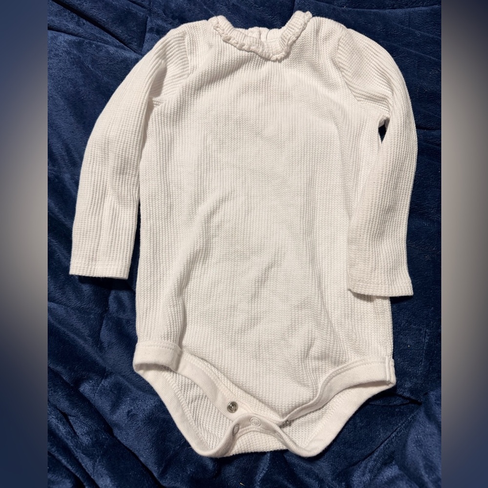 Lot: White Long Sleeve Onesie, Denim shorts, Green onesie shorts